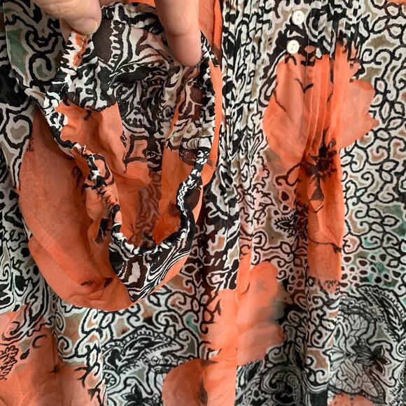 Bedford Fair Womens 2X Button Peach Orange Flower Semi Sheer 3/4 Sleeve Top - Picture 6 of 8